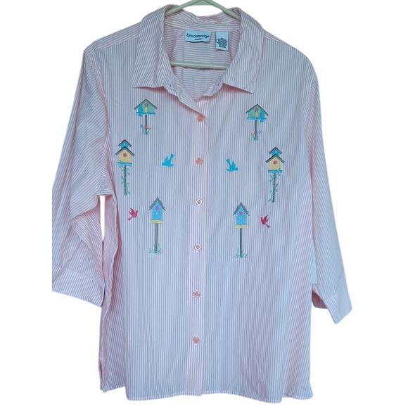 NWT Breckenridge Peach/White Button Up Shirt Embroidered Birdhouses Women's 2X - Picture 1 of 6